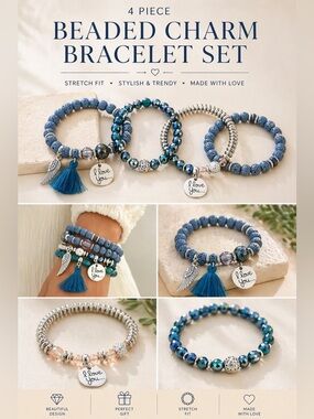 Blue Beaded Charm Bracelet Set with Tassel and Wing Charms - Women's Jewelry